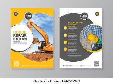Corporate construction tools cover, back page a4 template excavator or dozer and flat icons for a report and brochure design, flyer, banner decoration for printing and presentation vector illustration