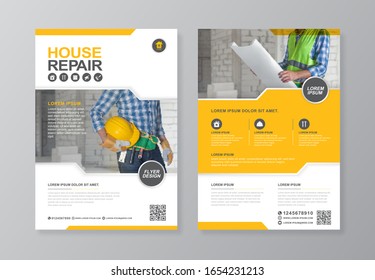 Corporate construction tools cover, back page a4 template and flat icons for a report and brochure design, flyer, banner, leaflets decoration for printing and presentation vector illustration