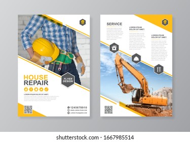 Corporate construction tools cover, back page a4 template and flat icons for a report and brochure design, flyer, banner, leaflets decoration for printing and presentation vector illustration