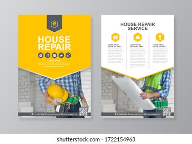 Corporate construction tools cover, back page a4 template and flat icons for a report and brochure design, flyer, banner, leaflets decoration for printing and presentation vector illustration