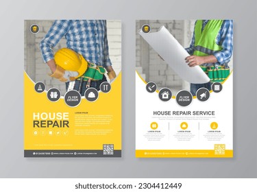 Corporate construction tools cover, back page a4 template and flat icons for a report and brochure design, flyer, banner, leaflets decoration for printing and presentation vector illustration