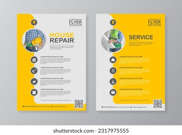 Corporate construction tools cover, back page a4 template and flat icons for a report and brochure design, flyer, banner, leaflets decoration for printing and presentation vector illustration