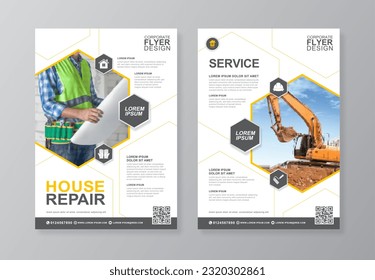 Corporate construction tools cover, back page a4 template and flat icons for a report and brochure design, flyer, banner, leaflets decoration for printing and presentation vector illustration