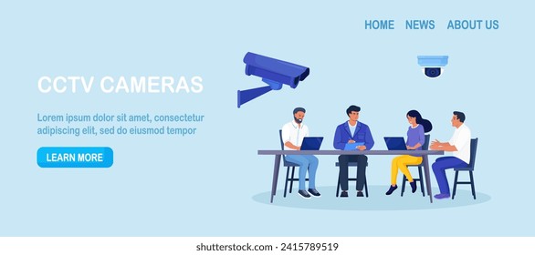 Corporate control. Personal security, face authentication. Video surveillance and CCTV cameras provide safety. Security camera takes pictures of office workers. Protection of workers