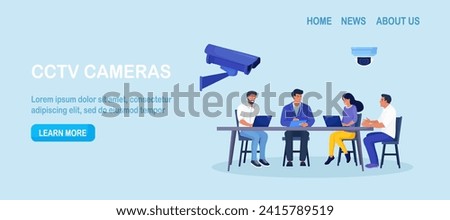 Corporate control. Personal security, face authentication. Video surveillance and CCTV cameras provide safety. Security camera takes pictures of office workers. Protection of workers