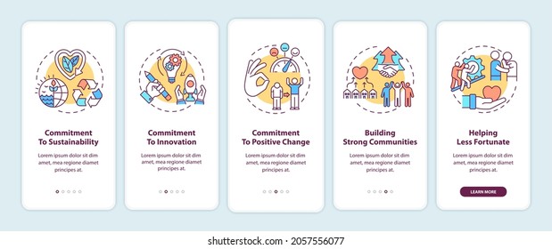 Corporate core values onboarding mobile app page screen with concepts. Commitment to innovation walkthrough 5 steps graphic instructions. UI, UX, GUI vector template with linear color illustrations