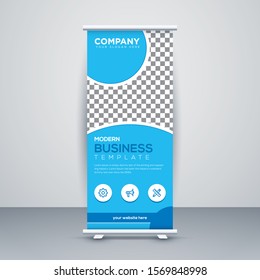 Corporate creative blue color roll up banner vertical template design, for brochure, business, flyer, infographics. modern x-banner and flag-banner advertising. vector illustration