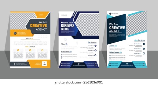 Corporate creative colorful business flyer template design set, flyer in A4 with colorful triangles vector template design or business poster template design.	