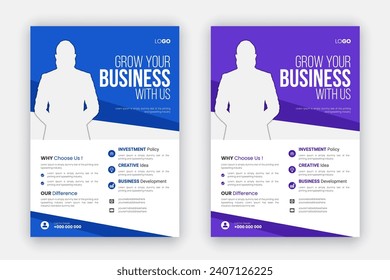 Corporate, creative, company promotion business flyer set, digital marketing agency poster design template, A4 seminar flyer layout with blue and purple shapes and white background bundle