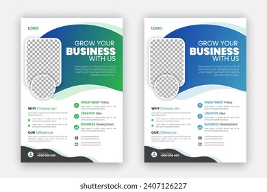 Corporate, creative, company promotion business flyer set, digital marketing agency poster design template, A4 seminar flyer layout with green and blue shapes and white background bundle