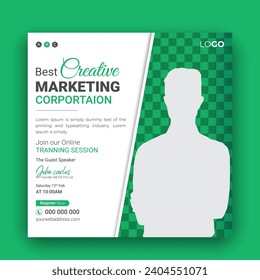 Corporate, creative digital marketing agency social media cover template with photo placement, modern professional square post in green layout and white background, conference, web banner design