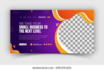 Corporate and creative landing page design, professional and business social media cover or web banner template with purple and orange gradient color shapes for promoting your business