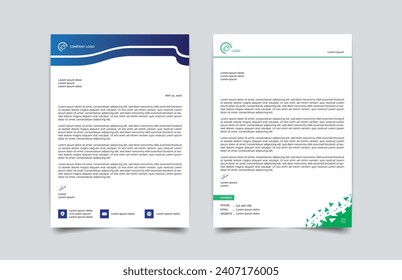 Corporate creative letterhead design template set, green and blue color letterheads