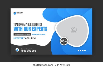 Corporate creative live streaming video thumbnail for digital marketing agency, premium, editable, online, business thumbnail video cover photo social media post design with blue color shape