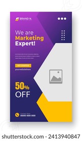 Corporate and creative marketing solutions social media story, cover template, abstract business promotion specialist web banner design in orange gradient color on purple background