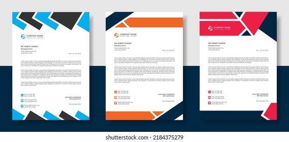 Plantilla de conjunto de membrete creativo y moderno, diseño minimalista con forma geométrica, profesional, multipropósito, plantilla de membrete abstracto o diseño gráfico vectorial