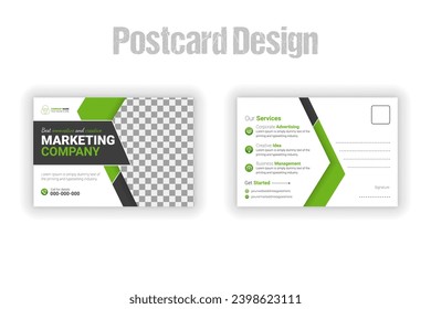 Corporate creative modern postcard EDDM design template with geometric green, black color shapes and white background, simple elegant and clean business postcard, real estate marketing postcard design