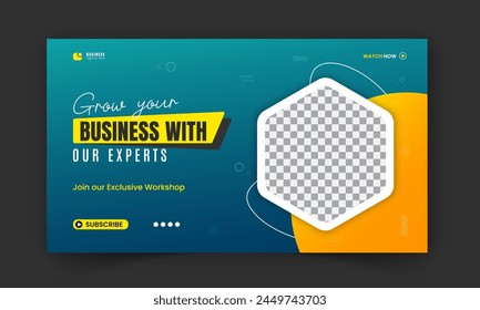 Corporate creative video thumbnail and social media cover or web banner design, digital marketing agency gaming live stream video for business promotion on abstract orange shape and green background