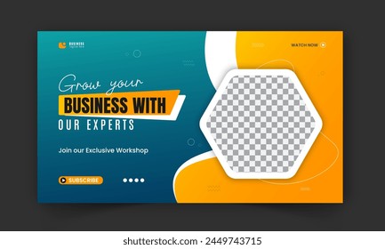 Corporate creative video thumbnail and social media cover or web banner design, digital marketing agency gaming live stream video for business promotion on abstract orange shape and green background