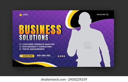 Corporate creative video thumbnail and social media cover or web banner design, digital marketing agency gaming live stream video for business promotion on abstract yellow and purple background