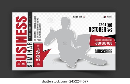 Corporate creative video thumbnail and social media cover design, digital marketing agency live video stream, web banner template for business promotion with geometric red colorful shapes