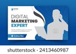 Corporate creative YouTube thumbnail and social media cover design, digital marketing agency live video streaming for business promotion on abstract blue colorful shapes and white background