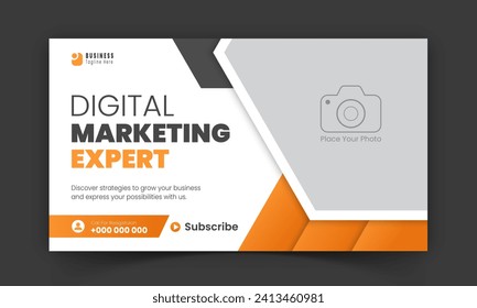 Corporate creative YouTube thumbnail and social media cover design, digital marketing agency live video streaming for business promotion on abstract orange colorful shapes and white background