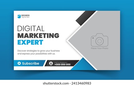 Corporate creative YouTube thumbnail and social media cover design, digital marketing agency live video streaming for business promotion on abstract blue colorful shapes and white background