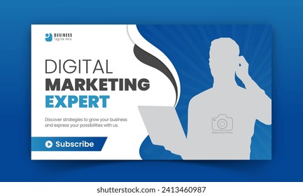 Corporate creative YouTube thumbnail and social media cover design, digital marketing agency live video streaming for business promotion on abstract blue colorful shapes and white background