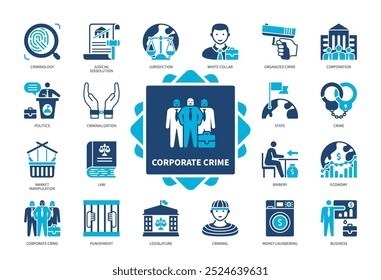 Conjunto de ícones de crime corporativo. Criminologia, Punição, Legislativo, Suborno, Direito, Política, Criminalização, Estado. Ícones sólidos de cor duotônica