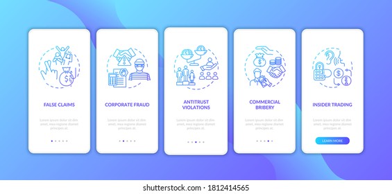 Corporate crimes onboarding mobile app page screen with concepts. Antitrust violation. Business. Walkthrough 5 steps graphic instructions. UI vector template with RGB color illustrations