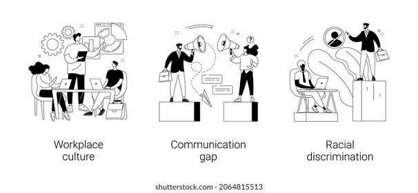 Corporate culture abstract concept vector illustration set. Workplace culture, communication gap, racial discrimination, company team, body language, bullying and harassment abstract metaphor.