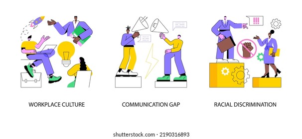 Conjunto de ilustraciones vectoriales de concepto abstracto de la cultura corporativa. Cultura del lugar de trabajo, brecha de comunicación, discriminación racial, equipo de empresa, lenguaje corporal, bullying y acoso metáfora abstracta.