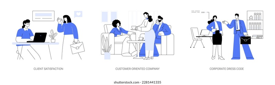 Corporate culture abstract concept vector illustration set. Client satisfaction, customer-oriented company, corporate rules and dress code, business etiquette, company rules abstract metaphor.