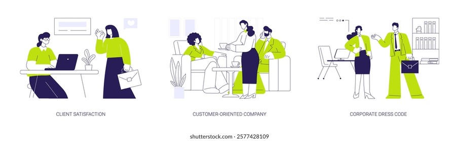 Corporate culture abstract concept vector illustration set. Client satisfaction, customer-oriented company, corporate rules and dress code, business etiquette, company rules abstract metaphor.