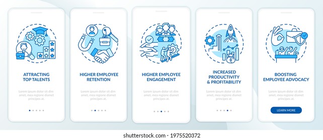 Corporate Culture Benefits Onboarding Mobile App Page Screen With Concepts. Top Talents, Retention Walkthrough 5 Steps Graphic Instructions. UI, UX, GUI Vector Template With Linear Color Illustrations