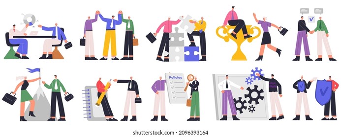 Corporate culture, business ethics and company corporate relations. Business company team, corporate policy employees relations vector illustration set. Company policy course, management regulations