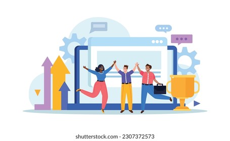 Corporate culture composition with computer windows arrows gear icons trophy cup and doodle characters of coworkers vector illustration