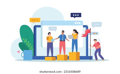 Corporate culture composition with doodle style characters of coworkers on bar chart podiums with computer background vector illustration