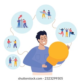 Corporate culture composition with set of round icons with coworker characters and man holding lamp bulb vector illustration