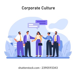 Corporate Culture concept. Colleagues engage in lively discussion, showcasing the essence of collaboration and understanding in the modern workspace. Flat vector illustration.