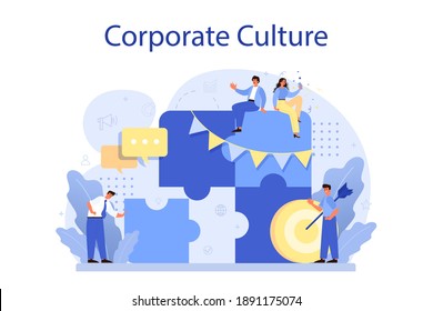 Corporate culture concept. Corporate relations. Business ethics. Corporate regulations compliance. Company policy and business course. Isolated flat vector illustration