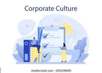 Corporate Culture Concept. Corporate Relations. Business Ethics. Corporate Regulations Compliance. Company Policy And Business Course. Isolated Flat Vector Illustration