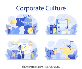 Corporate culture concept set. Corporate relations. Business ethics. Corporate regulations compliance. Company policy and business course. Isolated flat vector illustration