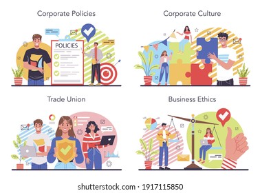 Corporate culture concept set. Corporate relations. Business ethics. Corporate regulations compliance. Company policy and business course. Isolated flat vector illustration
