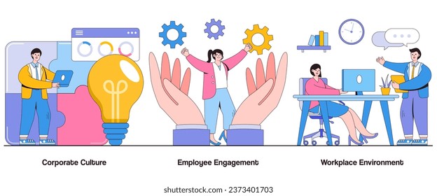 Corporate culture, employee engagement, workplace environment concept with character. Company culture abstract vector illustration set. Employee satisfaction, team collaboration metaphor.