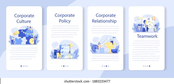 Corporate Culture Mobile Application Banner Set. Corporate Relations. Business Ethics. Corporate Regulations Compliance. Company Policy And Business Course. Isolated Flat Vector Illustration