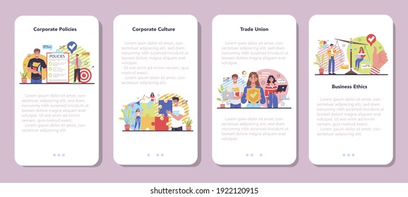 Corporate culture mobile application banner set. Corporate relations. Business ethics. Corporate regulations compliance. Company policy and business course. Isolated flat vector illustration