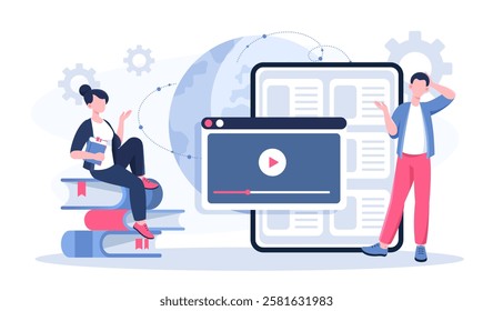Corporate culture online. Man and woman near stack of books and tablet. Colleagues and partners watch video. Corporate ethics and business culture. Flat vector illustration
