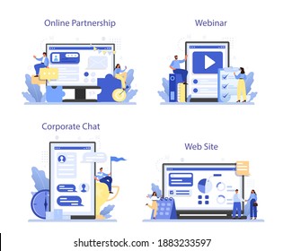 Corporate culture online service or platform set. Corporate relations. Business ethics. Corporate regulations compliance. Online partnership, webinar, chat, website. Isolated flat vector illustration